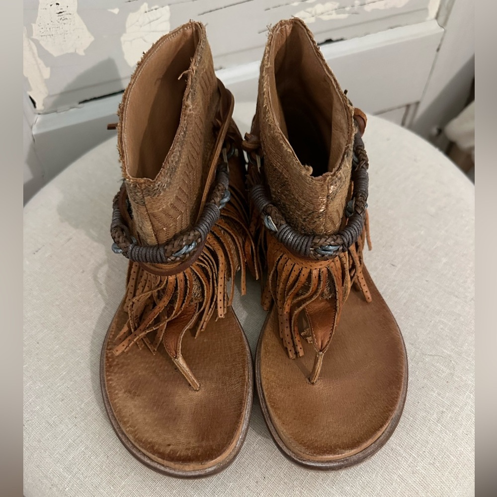 Free People Leather Boho Fringe Bootie Sandal, Size 38 (7.5 US)